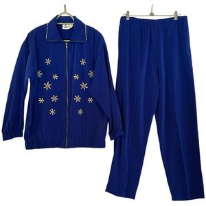 Vintage Sport Savvy Blue Women's Track Suit with Gold Snowflake Accents Size S